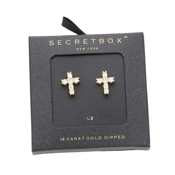 Gold Secret Box 14K Gold Dipped CZ Cross Stud Earrings, are fun handcrafted jewelry that fits your lifestyle, adding a pop of pretty color. Enhance your attire with these vibrant artisanal earrings to show off your fun trendsetting style. Great gift idea for your Wife, Mom, your Loving one, or any family member.