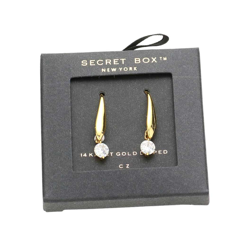 Gold Secret Box 14K Gold Dipped CZ Dangle Earrings, are crafted from a luxurious 14K gold plating that prevents tarnishing and delivers a timeless, statement-making look. Featuring cubic zirconia to add subtle sparkle, these earrings offer a classic yet elegant touch to any ensemble. Perfect Birthday Gift for any occasion.
