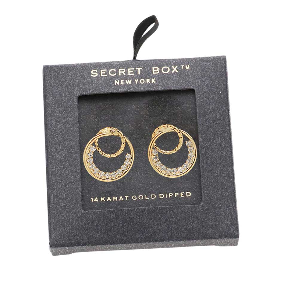 Gold Secret Box 14K Gold Dipped CZ Double Circle Stud Earrings, are fun handcrafted jewelry that fits your lifestyle, adding a pop of pretty color. Highlight your appearance, and grasp everyone's eye at any party or any occasion. Great gift idea for your Wife, Mom, your Loving one, or any family member. Stay trendy.
