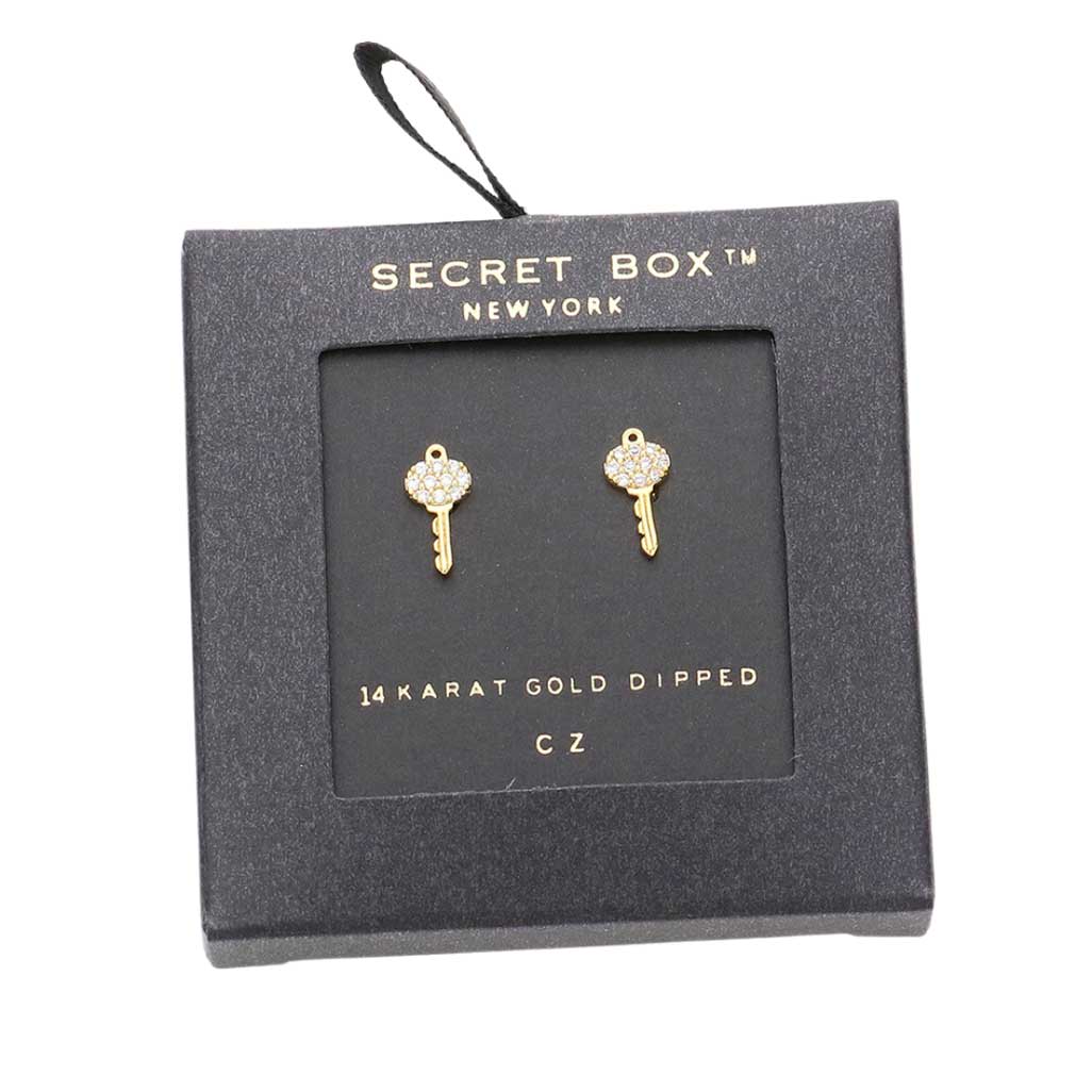 Gold Secret Box 14K Gold Dipped CZ Key Stud Earrings, show your perfect class anywhere, any time. The beautifully crafted design adds a gorgeous glow to any outfit. Jewelry that fits your lifestyle adding extra luxe! Perfect gift for Birthday, Anniversary, Mother's Day, Anniversary, Graduation, Prom Jewelry, Just Because. 