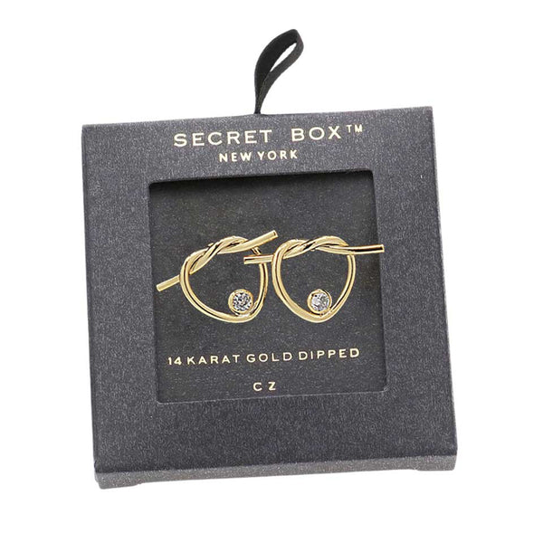 Gold Secret Box 14K Gold Dipped CZ Knot Heart Stud Earrings, are fun handcrafted jewelry that fits your lifestyle, adding a pop of pretty color. Highlight your appearance, and grasp everyone's eye at any party or any occasion. Great gift idea for your Wife, Mom, your Loving one, or any family member. Stay beautiful.