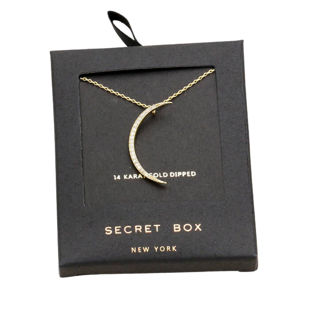 Gold Secret Box 14K Gold Dipped CZ Moon Pendant Necklace, will surely amp up your beauty and show your perfect class anywhere, any time. Perfect Birthday Gift, Anniversary Gift, Mother's Day Gift, Anniversary Gift, Graduation Gift, Prom Jewelry, Just Because Gift, Thank You Gift, or Charm Necklace. Stay beautiful.