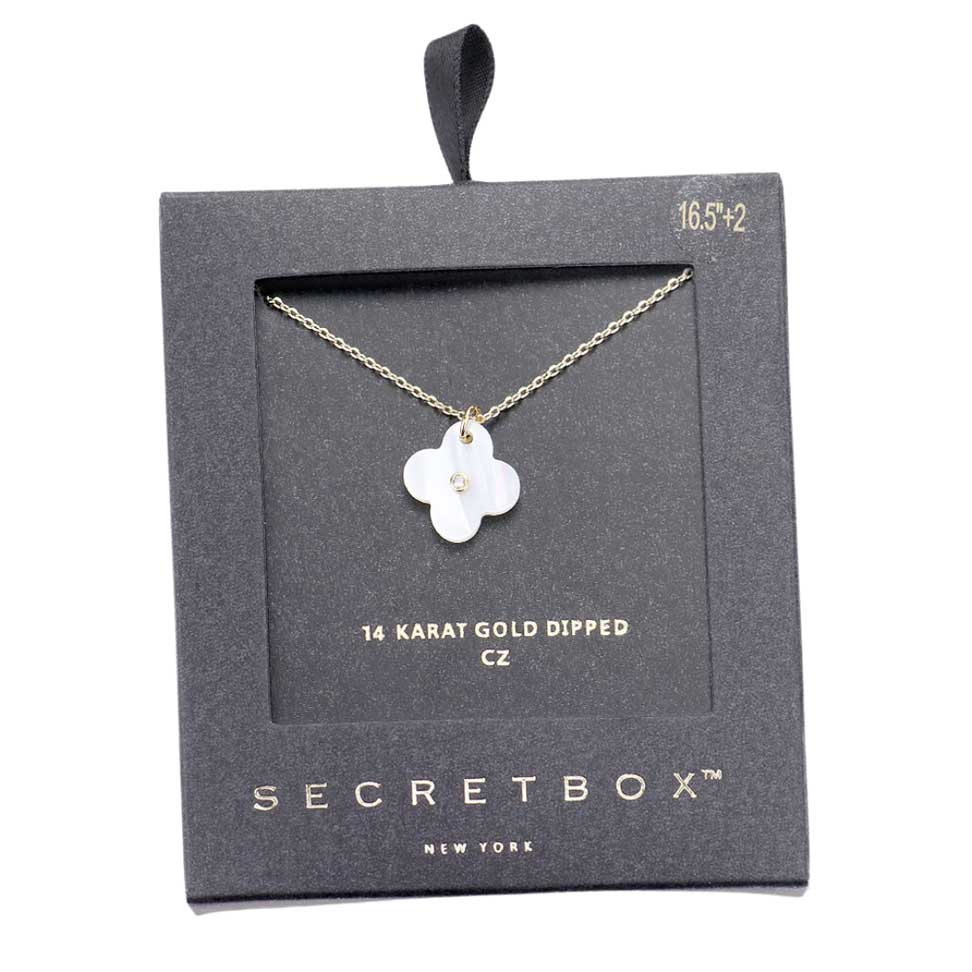Gold Secret Box 14K Gold Dipped CZ Mother of Pearl Quatrefoil Pendant Necklace, is an elegant yet luxurious accessory. It is crafted with 14K gold dipped and a mother of pearl  for a sophisticated finish. The cubic zirconia accents add extra sparkle and shine to create an eye-catching look. Perfect Gift for all occasions.