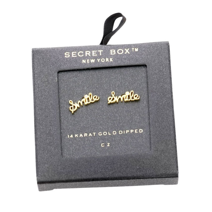 Gold Secret Box 14K Gold Dipped CZ Smile Message Stud Earrings, is beautifully designed with a Smile theme that will make a glowing touch on everyone. The beautifully crafted design adds a gorgeous glow to any outfit. Great gift idea for your Wife, Mom, your Loving one, or any family member.