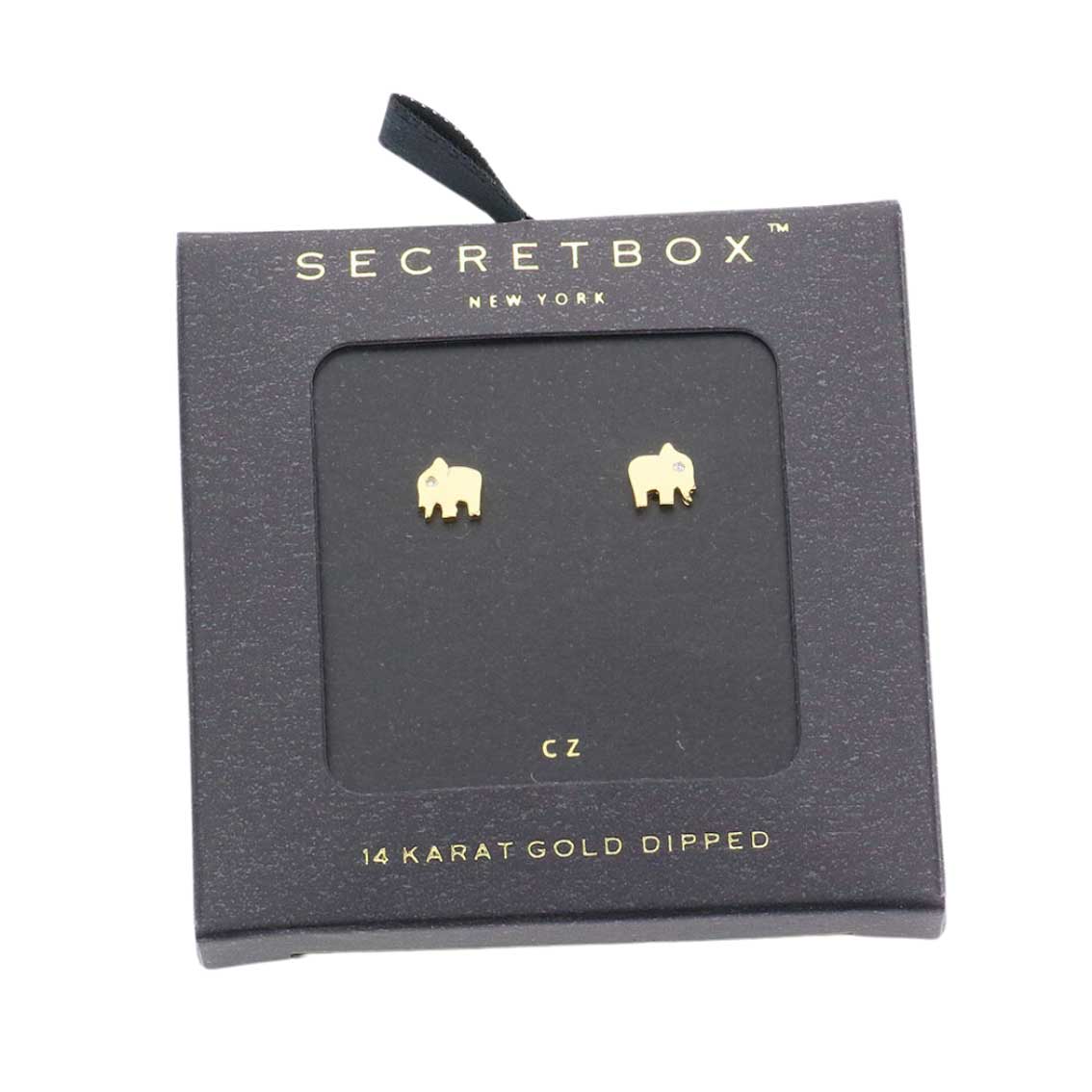 Gold Secret Box 14K Gold Dipped CZ Stone Elephant Stud Earrings, are an elegant addition to any outfit. Crafted with 14K gold dipped and high-grade cubic zirconia, these earrings feature a discreet design perfect for adding subtle sparkle to your look. Perfect Gift for Birthday, Anniversary, Mother's Day, Anniversary Gift.