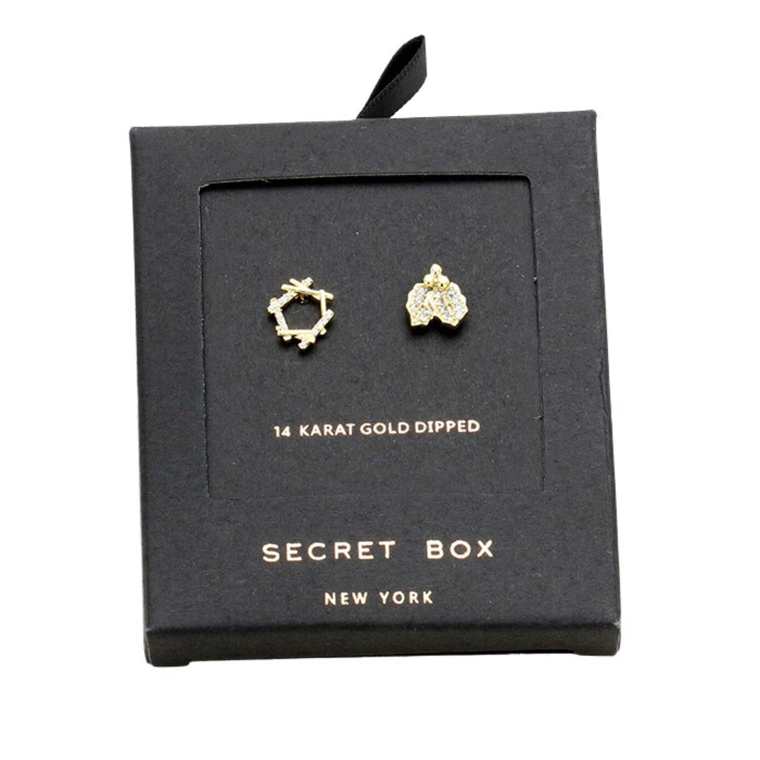 Gold Secret Box 14K Gold Dipped CZ Wreath Stud Earrings, are fun handcrafted jewelry that fits your lifestyle, adding a pop of pretty color. Enhance your attire with these vibrant artisanal earrings to show off your fun trendsetting style. Great gift idea for your Wife, Mom, your Loving one, or any family member.