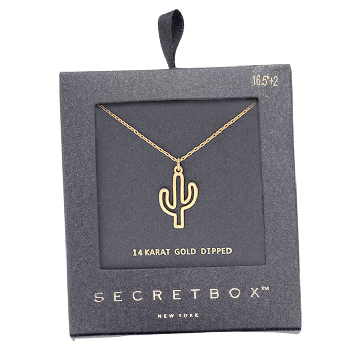Gold Secret Box 14K Gold Dipped Cactus Pendant Necklace, is beautifully designed with a Cactus theme that will make a glowing touch on everyone. The beautifully crafted design adds a gorgeous glow to any outfit. Perfect Birthday Gift,Mother's Day Gift, Anniversary Gift, Graduation Gift, Prom Jewelry, Thank you Gift.