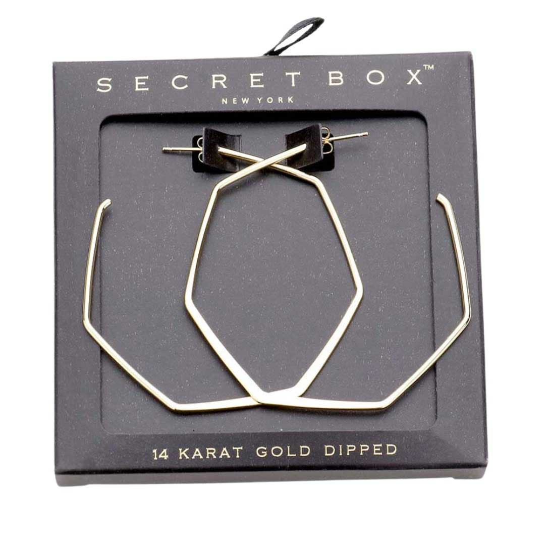 Gold Secret Box 14K Gold Dipped Metal Angled Hoop Earrings, are fun handcrafted jewelry that fits your lifestyle, adding a pop of pretty color. Enhance your attire with these vibrant artisanal earrings to show off your fun trendsetting style. Great gift idea for your Wife, Mom, your Loving one, or any family member.
