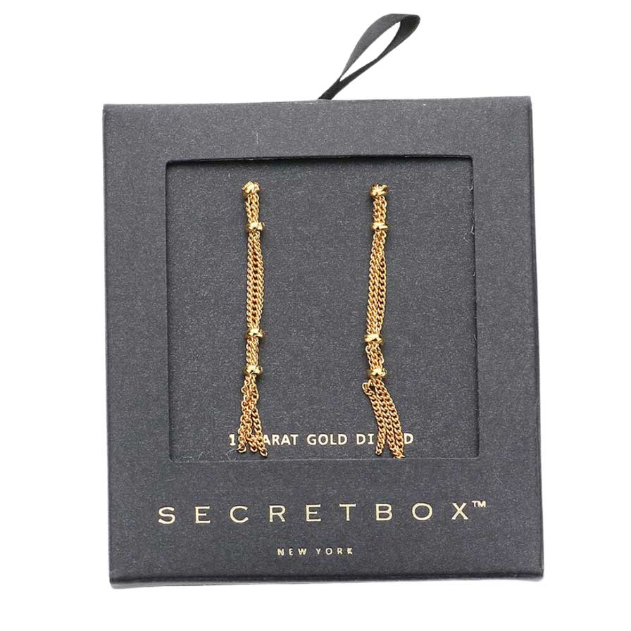 Gold Secret Box 14K Gold Dropped Metal Chain Dangle Earrings, are fun handcrafted jewelry that fits your lifestyle, adding a pop of pretty color. Enhance your attire with these vibrant artisanal earrings to show off your fun trendsetting style. Great gift idea for your Wife, Mom, your Loving one, or any family member.