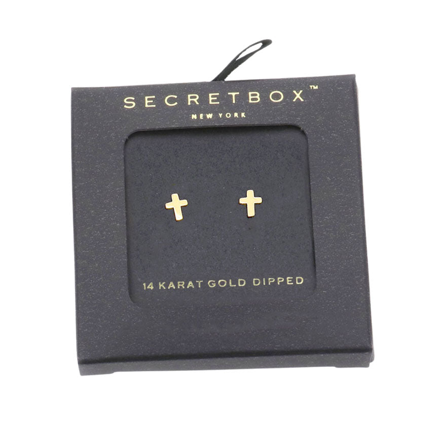 Gold Secret Box 14K Gold Dipped Metal Cross Stud Earrings, are the perfect accessory for any occasion. Crafted with 14K Gold Dipped for a luxuriously stylish look, these earrings are sure to be a hit. A perfect gift to show your style and faith. Perfect gift for your mother, wife, sisters, and other good female friends.