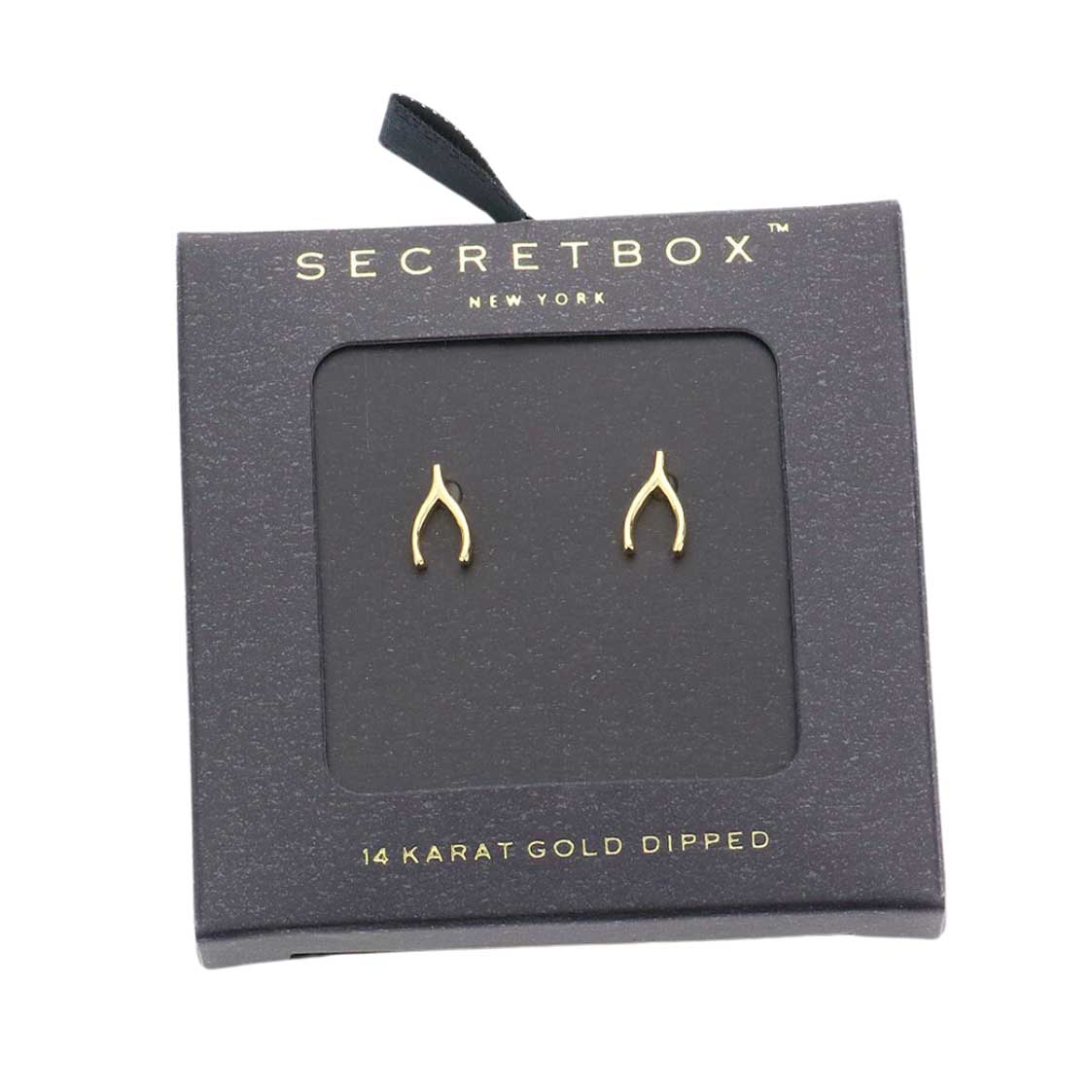 Gold Secret Box 14K Gold Dipped Wishbone Stud Earrings. The beautifully crafted design adds a gorgeous glow to any outfit. Jewelry that fits your lifestyle adding extra luxe! Perfect Birthday Gift, Anniversary Gift, Mother's Day Gift, Anniversary Gift, Graduation Gift, Prom Jewelry, Just Because Gift, Thank You Gift.