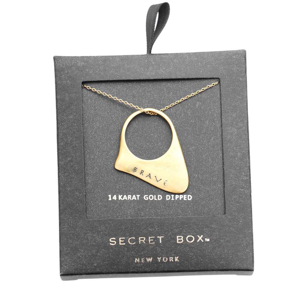 Gold Secret Box 14K Gold Dipped 'Brave' Pendant Necklace. Stylish and fashionable, this dainty simple lovely "Brave" pendant necklace is the ultimate way to elevate your style while adding a touch of sophistication to your look.  It is a subtle way to inspire others and keep your chic style. Perfect gift for all occasions.