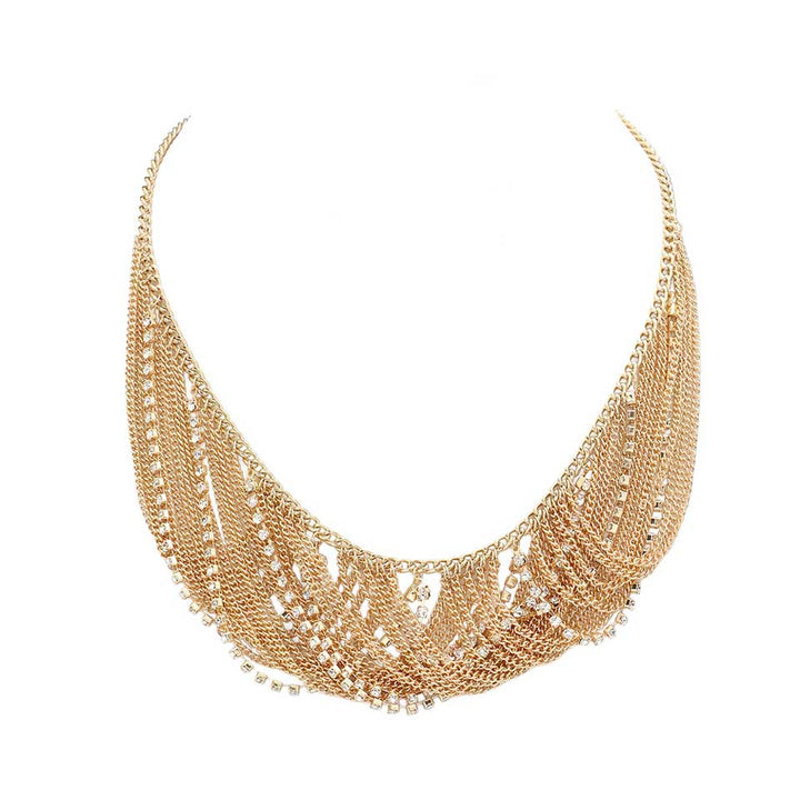 Gold Secret Box Draped Stone Metal Chain Bib Necklace, is a stylish accessory for any look. Featuring a secret box pendant with draped stones, it adorns any outfit elegantly. The metal chain adds a modern touch for a polished finish. Nice and thoughtful gift for loved ones. Wear it to add a touch of glamour to any occasion!