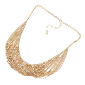 Gold Secret Box Draped Stone Metal Chain Bib Necklace, is a stylish accessory for any look. Featuring a secret box pendant with draped stones, it adorns any outfit elegantly. The metal chain adds a modern touch for a polished finish. Nice and thoughtful gift for loved ones. Wear it to add a touch of glamour to any occasion!