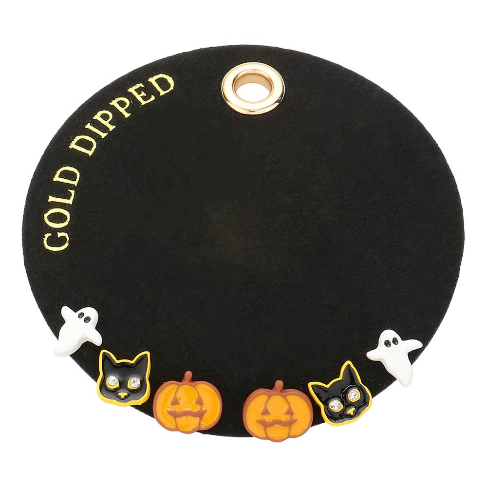 Gold Secret Box Gold Dipped Ghost Cat Pumpkin 3Pairs Stud Earrings will add a fun and festive touch to your wardrobe. Crafted from long-lasting materials with a gold-dipped finish, these earrings are perfect for any occasion. With 3 pairs of stud earrings, they offer versatility and style that will elevate your look