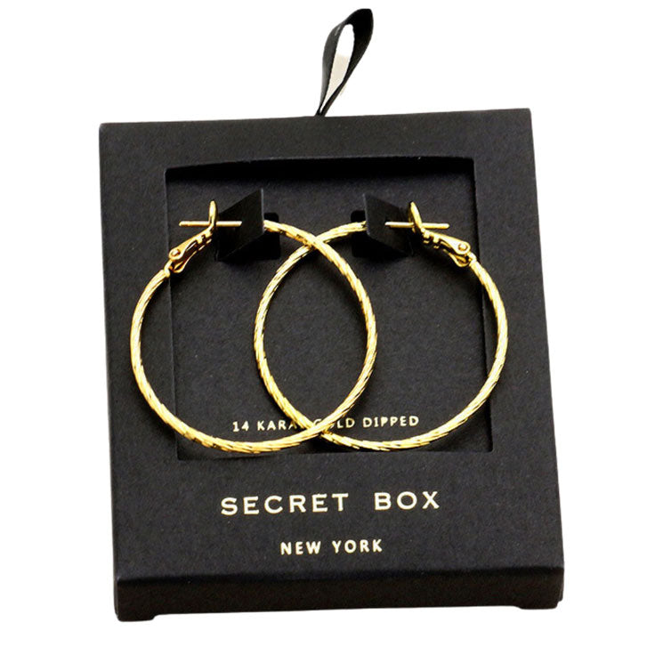 Gold Secret Box Textured Gold Dipped Hoop Earrings, are fun handcrafted jewelry that fits your lifestyle, adding a pop of pretty color. Enhance your attire with these vibrant artisanal earrings to show off your fun trendsetting style. Great gift idea for your Wife, Mom, your Loving one, or any family member.