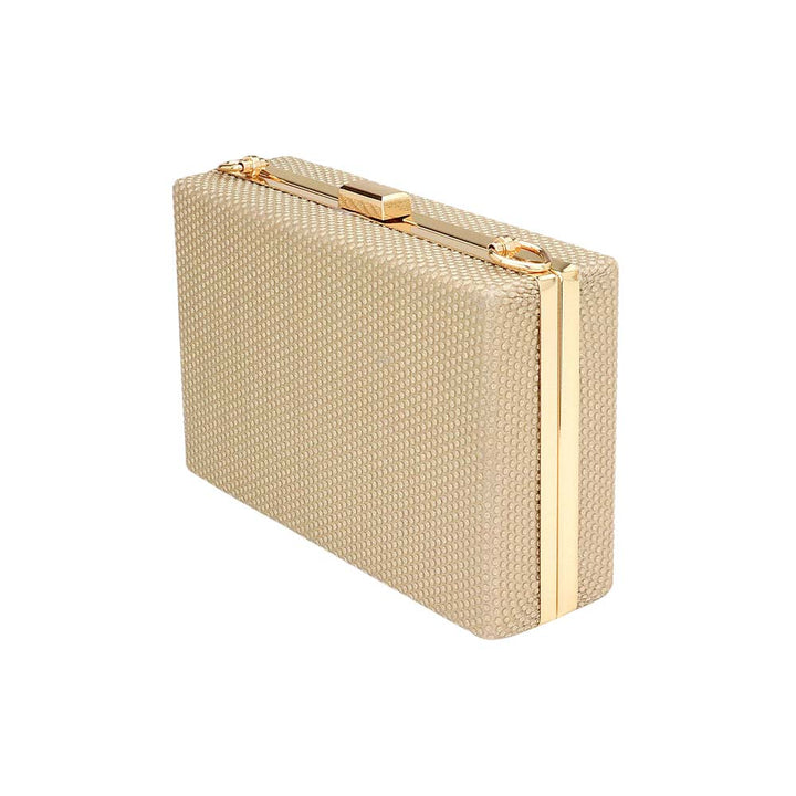 Gold Shimmery Rectangle Evening Clutch Crossbody Bag, This shimmery evening clutch crossbody bag is featuring a bright, sparkly finish giving. This is the perfect evening for any fancy or formal occasion when you want to accessorize your dress, or evening attire during a wedding, bridesmaid bag, formal, or on date night.