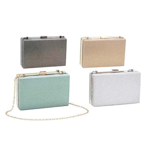Gold Shimmery Rectangle Evening Clutch Crossbody Bag, This shimmery evening clutch crossbody bag is featuring a bright, sparkly finish giving. This is the perfect evening for any fancy or formal occasion when you want to accessorize your dress, or evening attire during a wedding, bridesmaid bag, formal, or on date night.