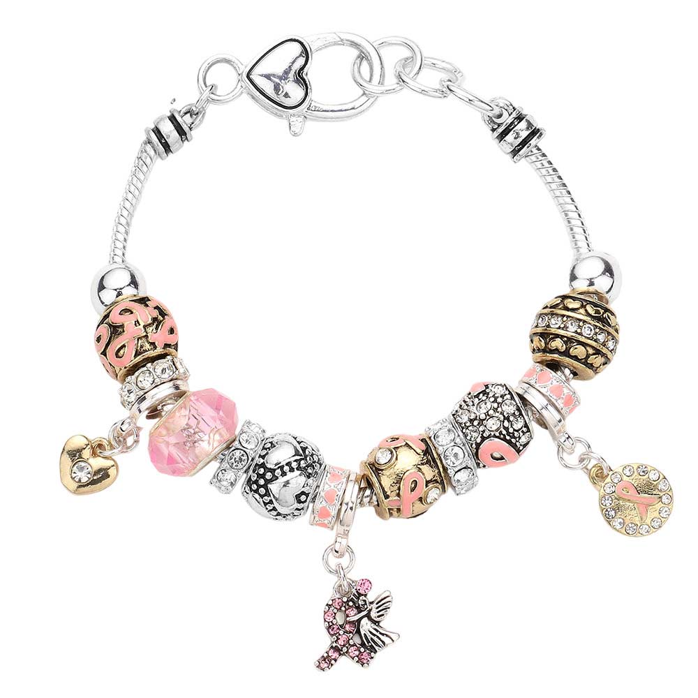 Gold Silver Burnished Multi Bead Heart Embossed Metal Pink Ribbon Bracelet, heart bracelets are fun handcrafted jewelry that fits your lifestyle, adding a pop of pretty color. Enhance your attire with this vibrant artisanal bracelet to show off your fun trendsetting style. Great gift idea for your Wife, Mom, or your Loving One.