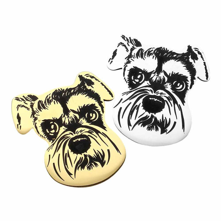 Gold  Silver Stainless Steel Schnauzer Dog Face Pin Brooch is expertly crafted with high-quality stainless steel material, ensuring durability and longevity. Its sleek design features the charming face of a schnauzer dog, making it a perfect accessory for dog lovers and a great addition to any outfit.