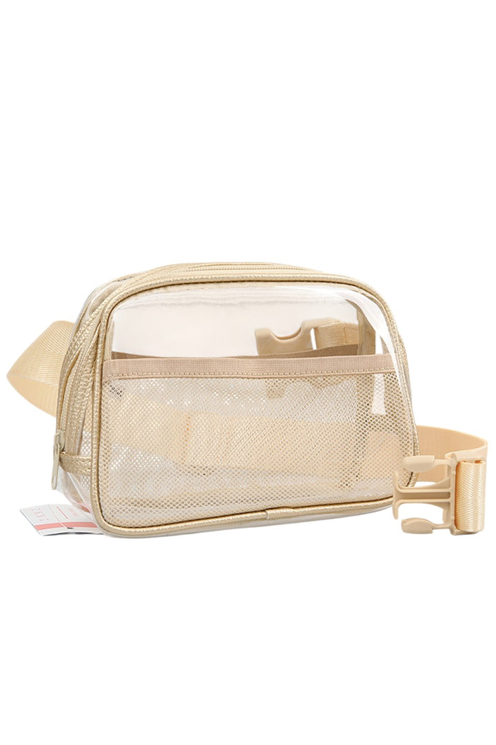 Gold Solid Color Trim Clear Waist Crossbody Bag combines practicality with modern style. Its transparent design allows for easy visibility of contents, while the solid color trim adds a sleek, polished finish. Designed for hands-free convenience, it secures comfortably around the waist, making it ideal for travel, events, or daily use where quick access and security are essential. Durable materials ensure long-lasting wear without compromising on lightweight comfort.