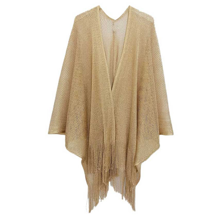 Gold Sparkle Glitter Mesh Kimono Poncho, is a must-have for fashion-forward women. Crafted with sparkling glitter mesh fabric, it adds a chic and stylish flair to any look. Its lightweight and breathable design also promises all-day comfort. Ideal gift choice for fashion-loving friends and family members.