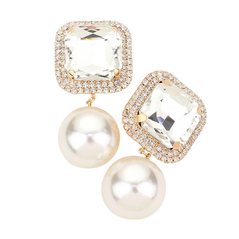 Gold Square Stone Pearl Link Dangle Evening Clip on Earrings, make a fashionable addition to any ensemble. Crafted with a unique square stone and pearl link, these eye-catching earrings are perfect for any formal or special occasion. These clip-on earrings offer a secure fit and ensure complete comfort throughout the night.