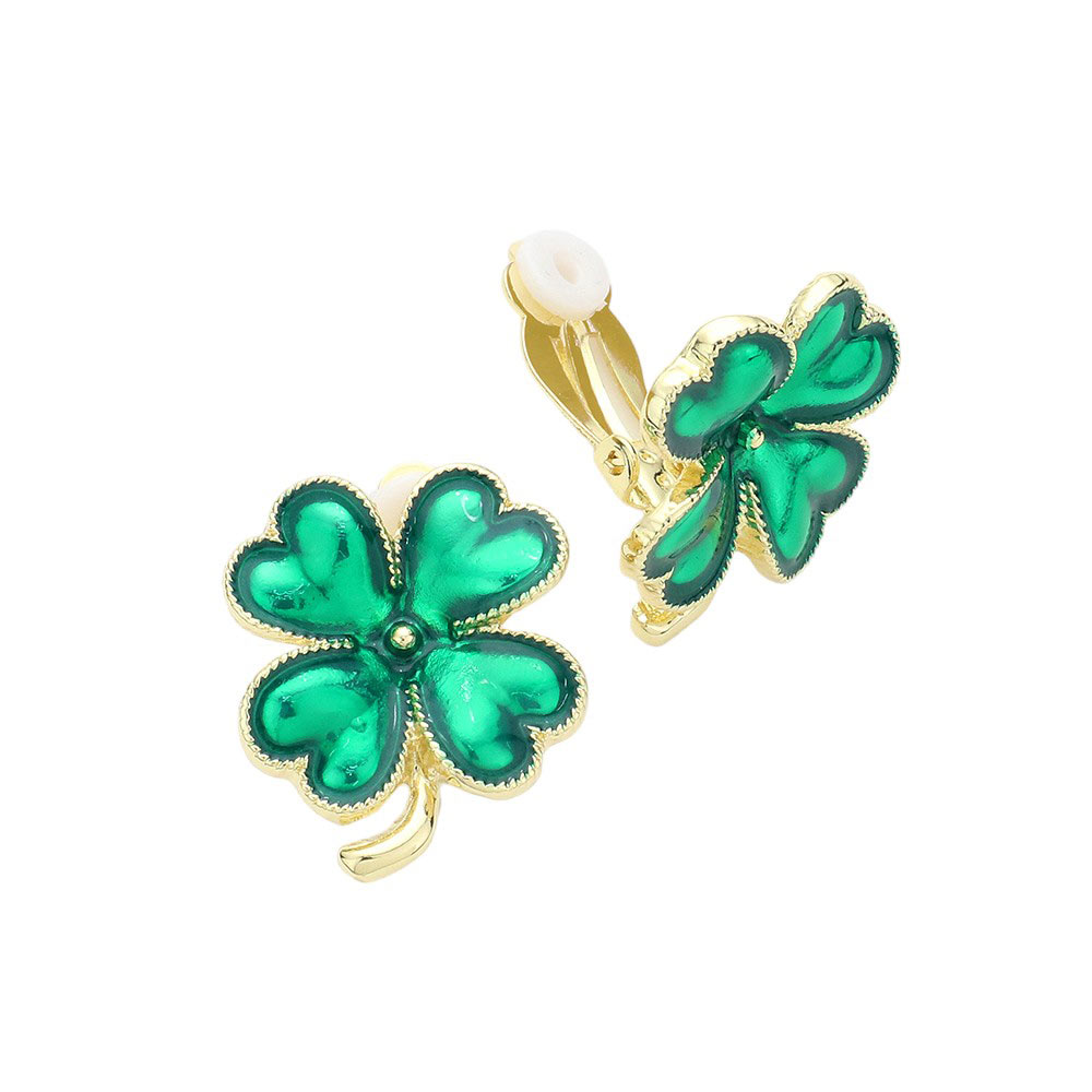 Gold St. Patrick's Enamel Clover Clip-On Earrings, these are the perfect accessory for any St. Patrick's Day celebration. Made with high-quality enamel, these earrings feature a festive green clover design and clip-on easily for comfortable all-day wear. Show off your Irish spirit with these beautiful earrings.