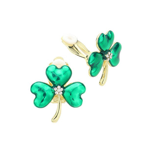 Gold St. Patrick's Enamel Clover Clip-On Earrings, these are the perfect accessory for any St. Patrick's Day celebration. Made with high-quality enamel, these earrings feature a festive green clover design and clip-on easily for comfortable all-day wear. Show off your Irish spirit with these beautiful earrings.
