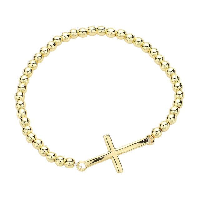 Gold Stainless steel cross pendant pointed stretch bracelet offers a sleek and modern design, perfect for incorporating into any outfit. The durable stainless steel construction ensures long-lasting wear while the adjustable stretch design provides a comfortable fit. Make a bold statement with this stylish and versatile accessory.