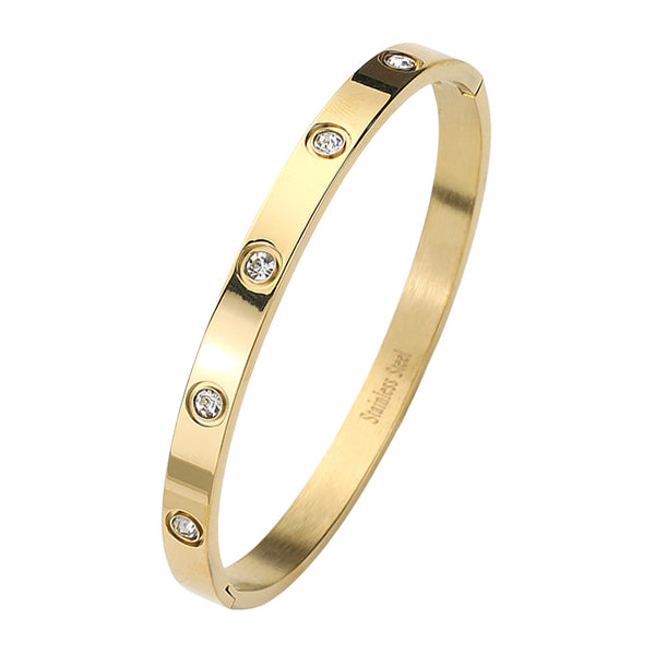 Gold Stainless Steel Crystal Embellished Bangle Evening Bracelet is a must-have accessory for any evening event. Made with durable stainless steel and adorned with dazzling crystals, this bracelet adds a touch of elegance and sophistication. Perfect for a formal dinner or a night out on the town.