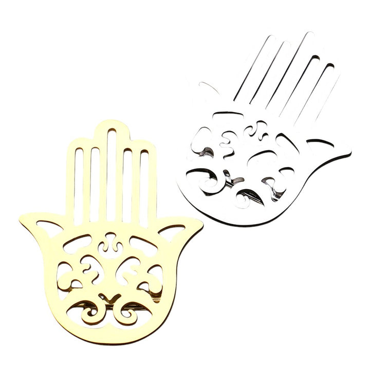 Gold  Stainless Steel Cutout Hamsa Hand Pin Brooch is a beautiful and durable accessory, perfect for adding a touch of elegance to any outfit. Made of high-quality stainless steel, it features a delicate and intricate cutout design that showcases the symbolic Hamsa hand. With its superior material and craftsmanship, this brooch is sure to become a staple piece in your collection.