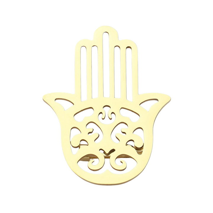Gold  Stainless Steel Cutout Hamsa Hand Pin Brooch is a beautiful and durable accessory, perfect for adding a touch of elegance to any outfit. Made of high-quality stainless steel, it features a delicate and intricate cutout design that showcases the symbolic Hamsa hand. With its superior material and craftsmanship, this brooch is sure to become a staple piece in your collection.