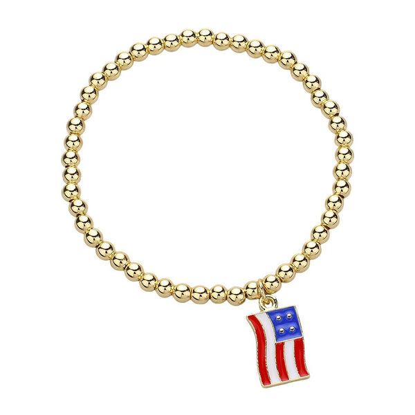 Gold Stainless Steel Enamel American USA Flag Charm Stretch Bracelet is a must-have for any patriotic American. Made of high-quality stainless steel, this bracelet features a vibrant American flag charm, adding a touch of national pride to any outfit. Its stretch design ensures a comfortable fit for all.