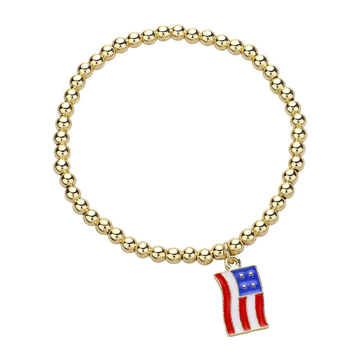 Gold Stainless Steel Enamel American USA Flag Charm Stretch Bracelet is a must-have for any patriotic American. Made of high-quality stainless steel, this bracelet features a vibrant American flag charm, adding a touch of national pride to any outfit. Its stretch design ensures a comfortable fit for all.