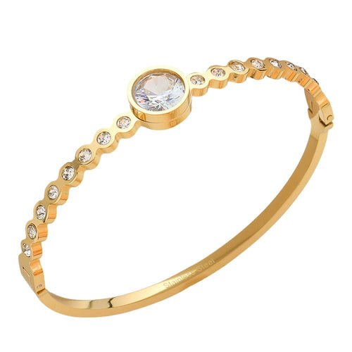 Stainless Steel Round CZ Stone Bezel Hinged Bangle Bracelet - Assorted