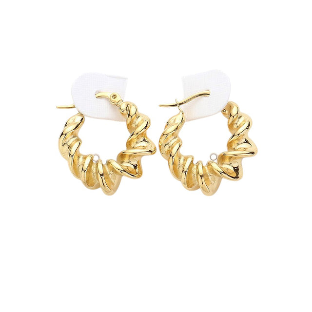 Gold Stainless Steel Spiral Hoop Earrings feature a unique pin catch design that securely holds the hoops in place. Made of high-quality stainless steel, these earrings are durable and hypoallergenic, making them perfect for everyday wear. Elevate your style with modern, stylish earrings that offer functionality and fashion.