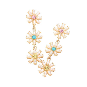 Gold Stone Cluster Triple Flower Link Dropdown Earrings are a perfect addition to any outfit. The beautiful design features a trio of clustered stones and delicate flower links, creating a unique and elegant look. Made with high-quality materials, these earrings are durable and bring a touch of sophistication to your style.