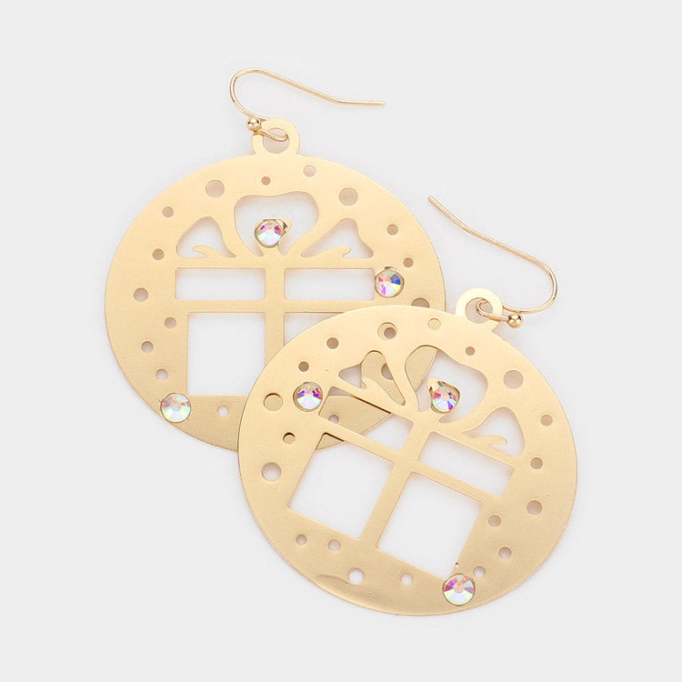 Gold-Stone Embellished Cut Out Christmas Gift Brass Metal Round Dangle Earrings add a touch of elegance to any holiday outfit. Made with high-quality brass, they feature a unique cut-out design and are embellished with sparkling stones. Perfect as a gift or for treating yourself, these earrings are sure to make a statement