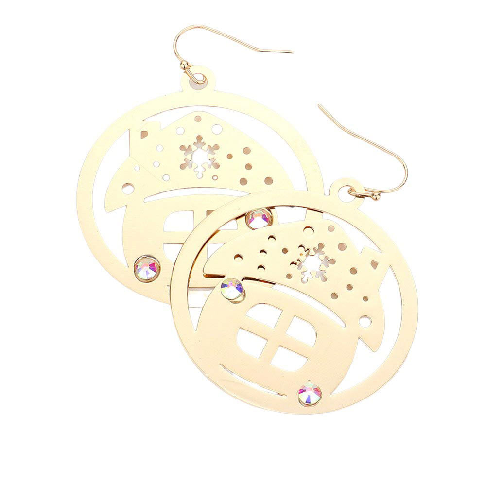 Gold-Stone Embellished Cut Out Christmas House Brass Metal Round Dangle Earrings, House Brass Metal Earrings  are an elegant addition to any holiday outfit. Made with brass metal and featuring a cut out design of a festive house, these earrings are embellished with sparkling stones for a touch of holiday glamour. 