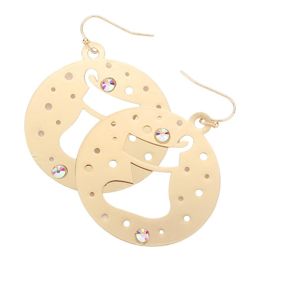 Gold-Stone Embellished Cut Out Christmas Socks Brass Metal Round Dangle Earrings.Metal Round Dangle Earrings  are  Perfect for the holiday season. Made with brass metal, they feature a festive cut-out Christmas sock design and sparkling stone embellishments. The round dangle design adds a touch of elegance to any outfit.  