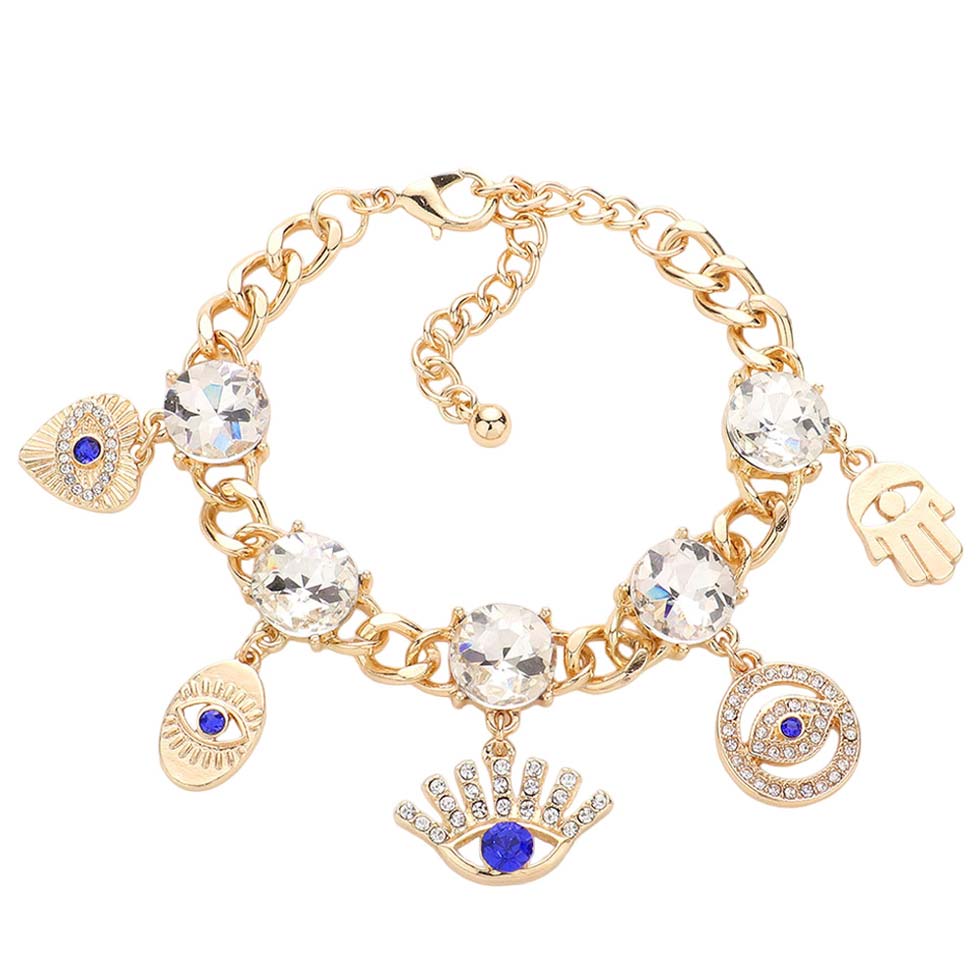 Gold Stone Embellished Evil Eye Heart Hamsa Hand Charm Bracelet, these stone embellished evil eye heart hamsa hand charm bracelets are easy to put on, and take off and so comfortable for daily wear. Awesome gift for birthdays, Valentine’s Day, or any meaningful occasion.