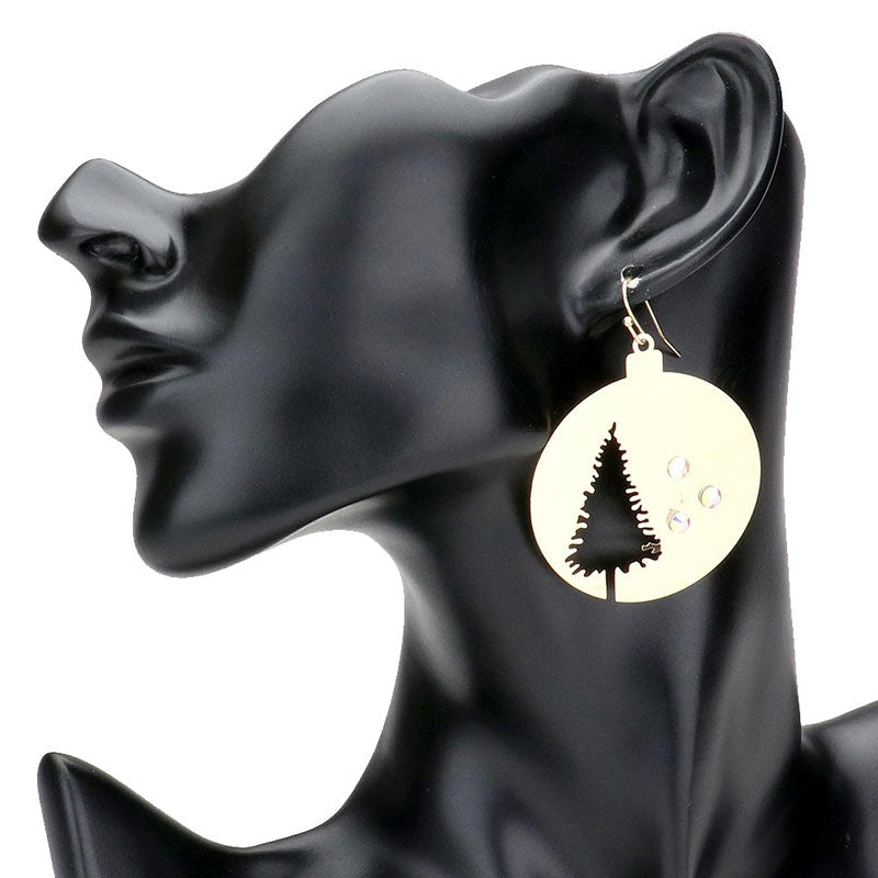 Gold-Stone Embellished Brass Metal Cut Out Tree Christmas Ornament Dangle Earrings.These Ornament Dangle Earrings are perfect festive accessory. The intricate design and sparkling stones add a touch of glam to any holiday outfit. Crafted from quality brass, these earrings are lightweight and comfortable to wear.  