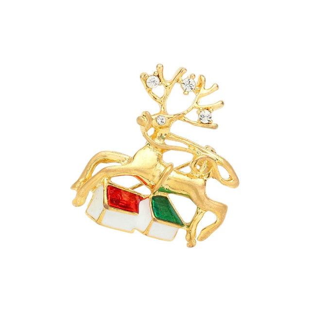 Stone Embellished Metal Reindeer Brooch - Gold - Brooches