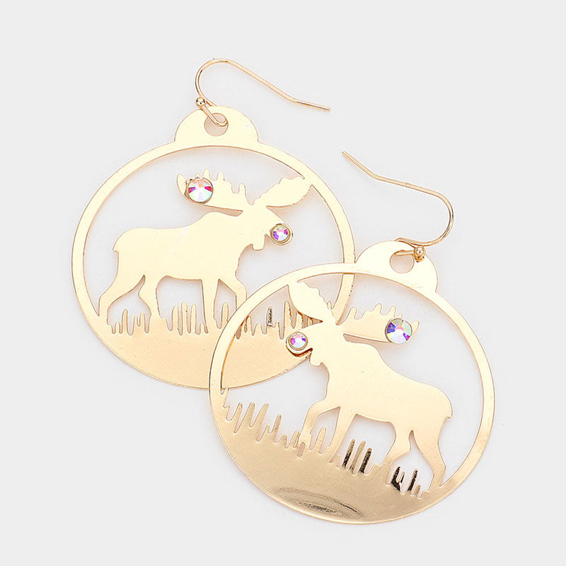 Gold-Stone Embellished Rudolph Accented Brass Metal Round Dangle Earrings, Add a touch of festive charm to any outfit. Made with high-quality brass metal and adorned with sparkling stones, these round dangle earrings are perfect for any occasion. The Rudolph accent adds a playful touch to the elegant design.  