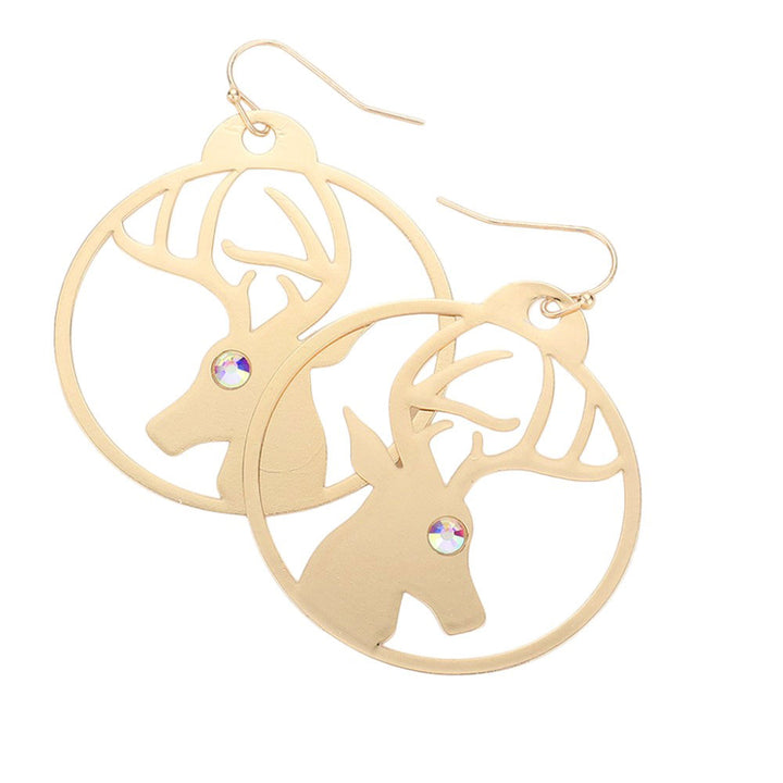 Gold-Stone Embellished Rudolph Accented Brass Metal Round Dangle Earrings are perfect for adding a touch of festive charm to any outfit. The brass metal construction ensures durability, while the stone embellishments add a touch of elegance. Expertly crafted, these earrings are a must-have for any jewelry collection.