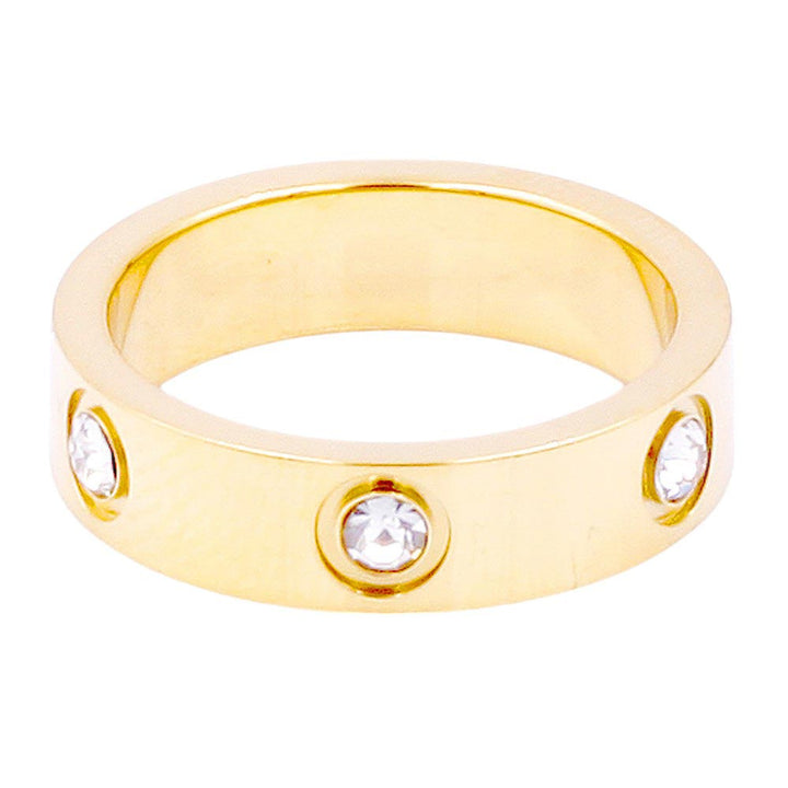 Gold-Stone Embellished Stainless Steel Band Ring is an elegant and durable accessory. The stainless steel material offers strength and resistance to tarnishing, while the stone embellishments add a touch of sophistication. Perfect for everyday wear or special occasions.