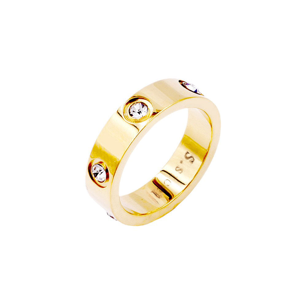 Gold-Stone Embellished Stainless Steel Band Ring is an elegant and durable accessory. The stainless steel material offers strength and resistance to tarnishing, while the stone embellishments add a touch of sophistication. Perfect for everyday wear or special occasions.