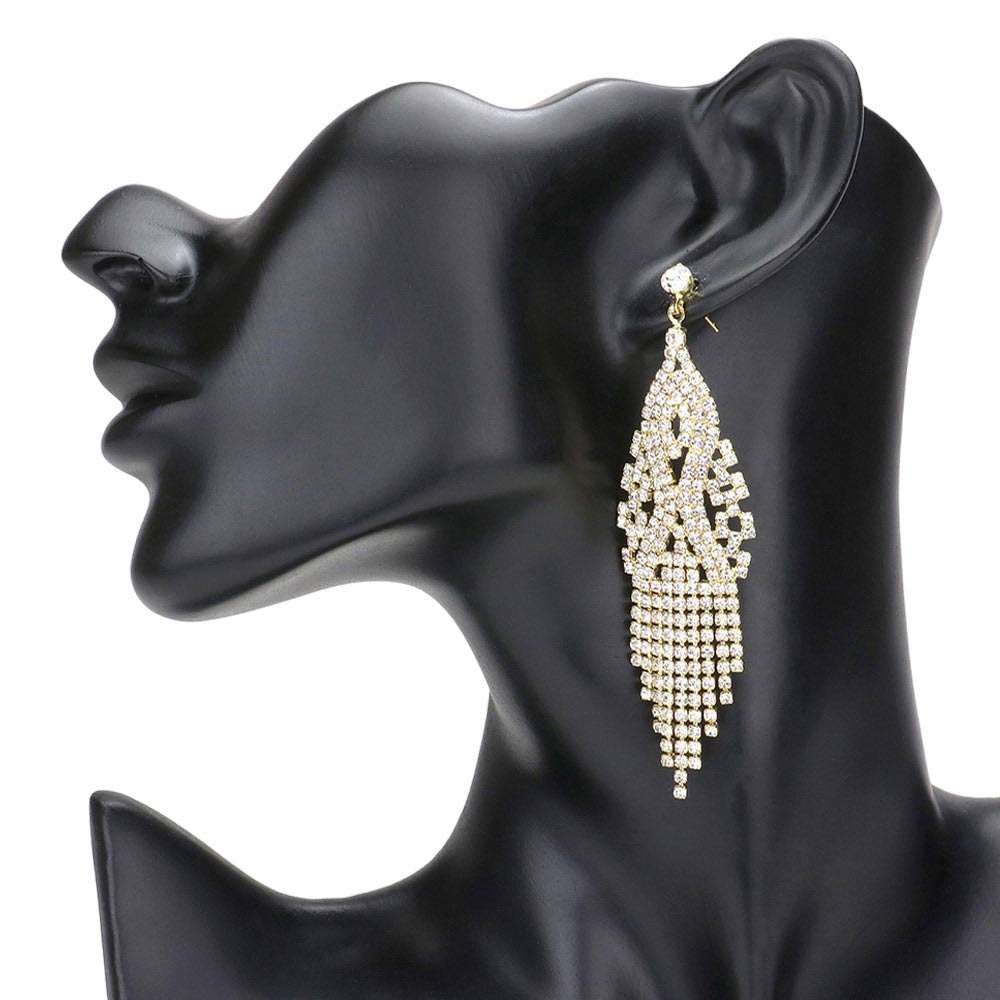  Gold Stone Pave Fringe Evening Earrings, feature sleek, chic design for a timeless and sophisticated look. Adorned with beautiful stones, these earrings will add a touch of sparkle and glamour to any ensemble. Perfect for special occasions or everyday wear or making exquisite gift.