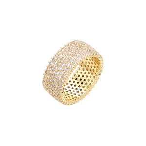 Gold Stone Paved Band Ring is crafted from durable materials for a timeless look and long-lasting quality. The elegant design features pave-set glittering stones that sparkle and shine. Perfect for any special occasion or everyday wear, this ring makes a stunning statement. A nice gift choice for friends and family.